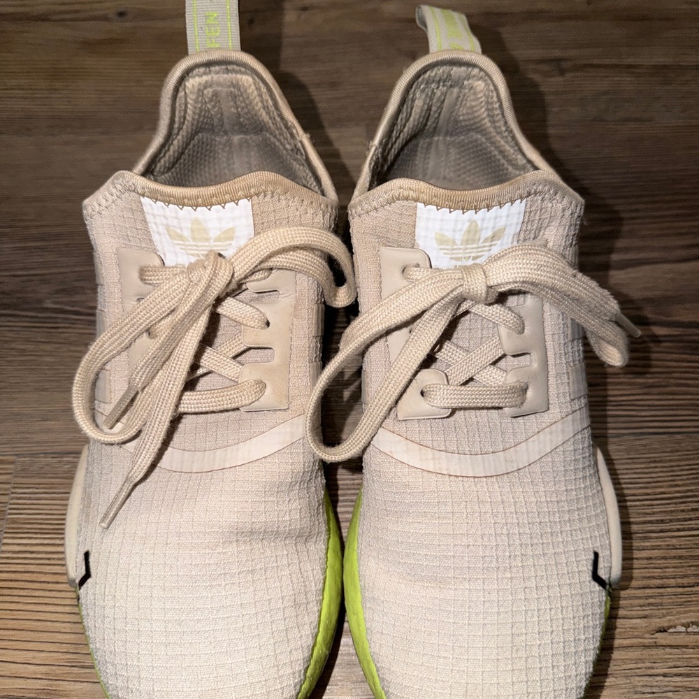 adidas Beige Knit Sneakers with Neon Yellow-Green Soles